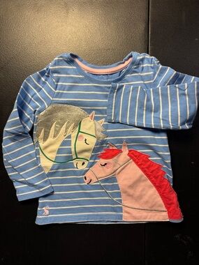 Joules Blue & White Striped Long-Sleeve Top with Horse Appliqués